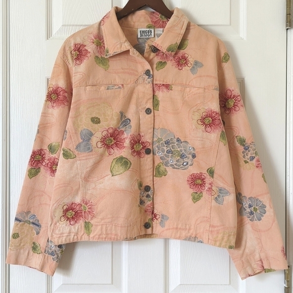 Chico's Jackets & Blazers - Chico's Design 90's Vintage Floral Embroidered & Beaded Denim Jacket Peach 3